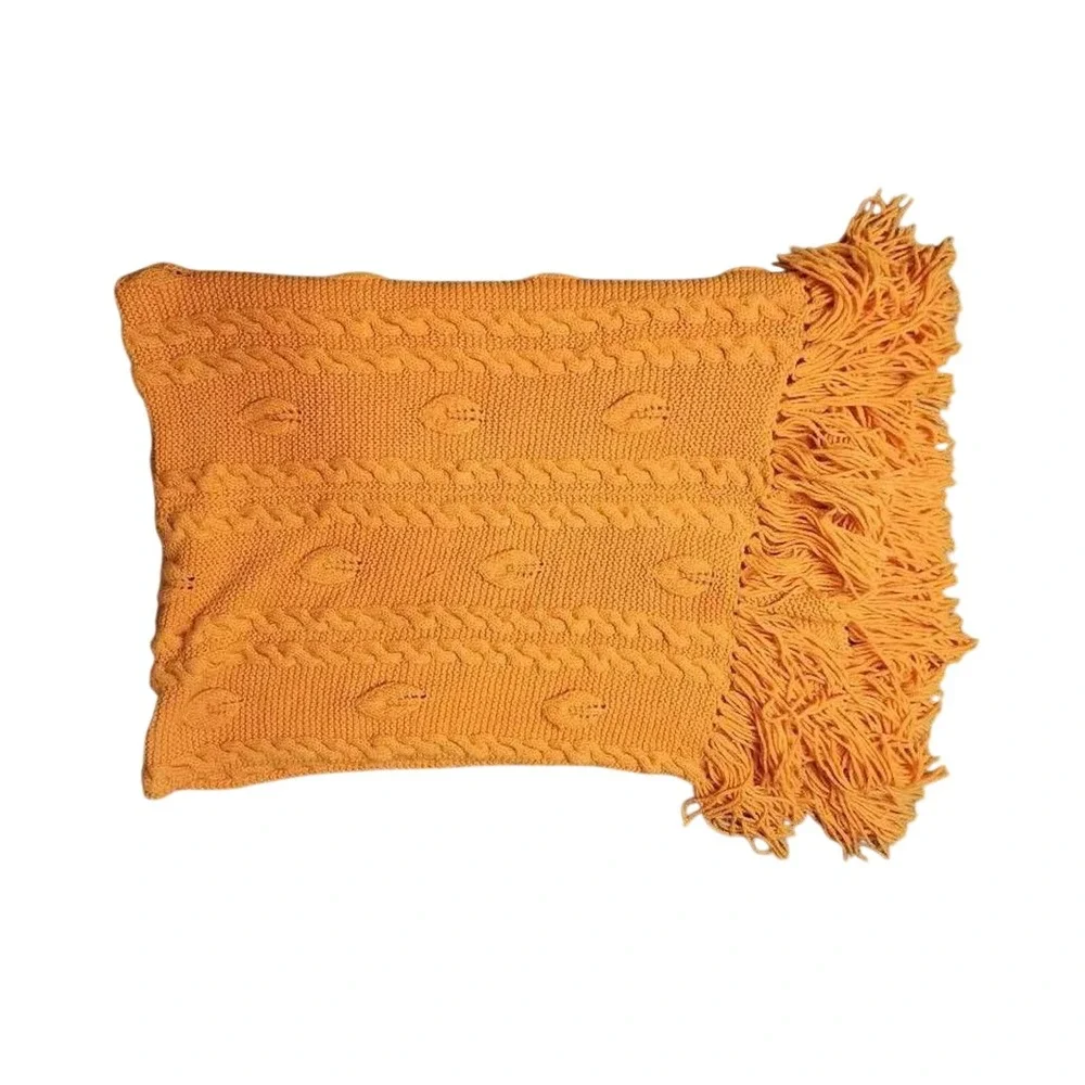 Mustard Yellow Cable Knit Throw Blanket‎ with Fringe Boho Marigold Chunky Knit